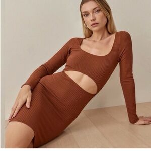 Reformation Dress Denmark Mini Cutout
Ribbed in Chestnut Brown